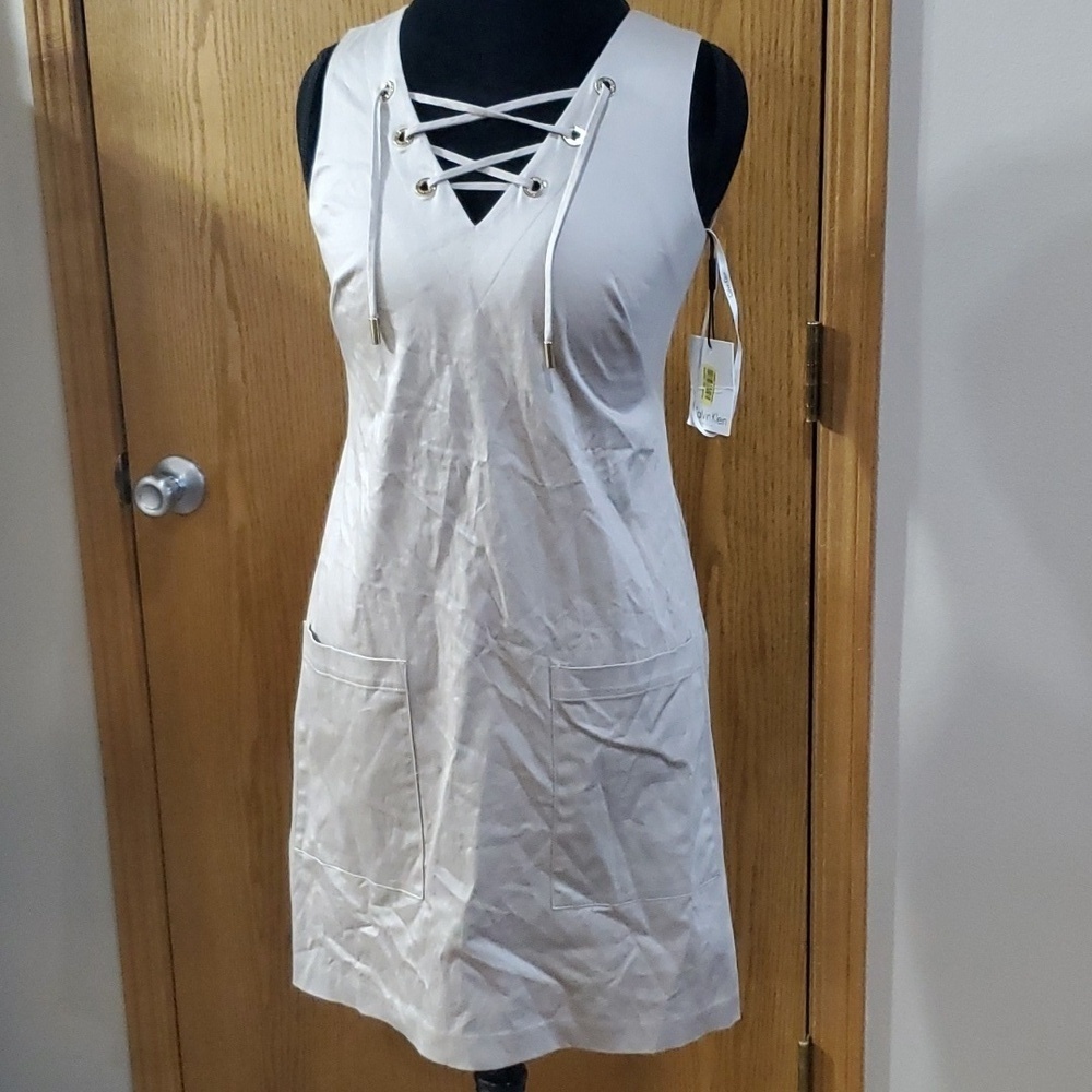 Calvin Klein sleeveless khaki lace up top dress tan